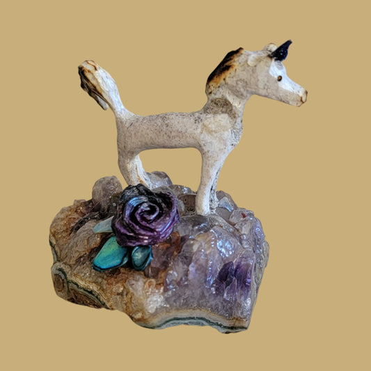 Antler Unicorn on Amethyst Base w/Rose Zuni Fetish