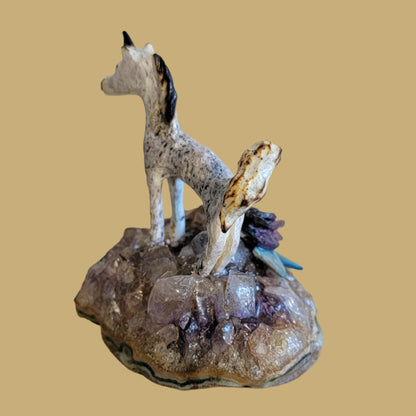 Antler Unicorn on Amethyst Base w/Rose Zuni Fetish