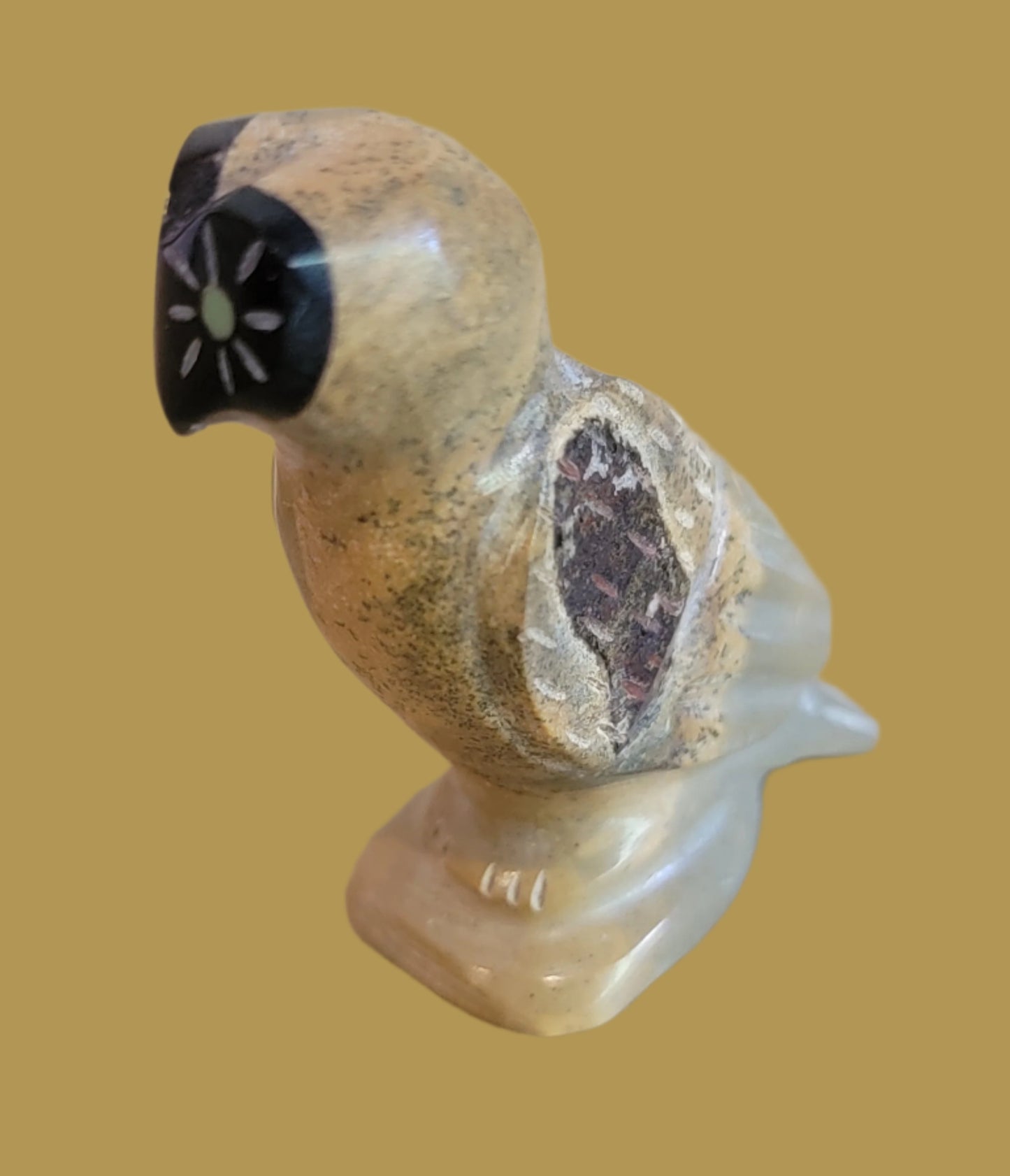 Travertine Owl w/ Pinshell Heart Shaped Face Zuni Fetish
