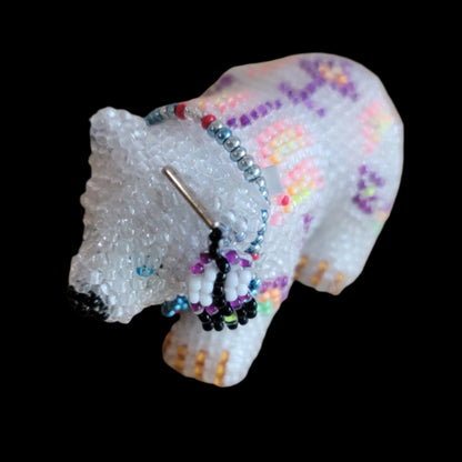 Powerful Fully Beaded White Bear w/ Feather and Bling Indian Beadwork