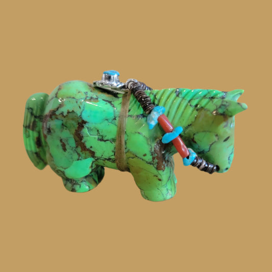 Fancy Gaspeite Horse w/Amazing  Sterling  Silver "Bling" Zuni Fetish