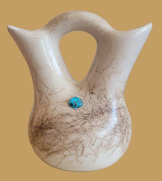 Navajo Horsehair Pottery Wedding Vase w/ Turquoise Stone