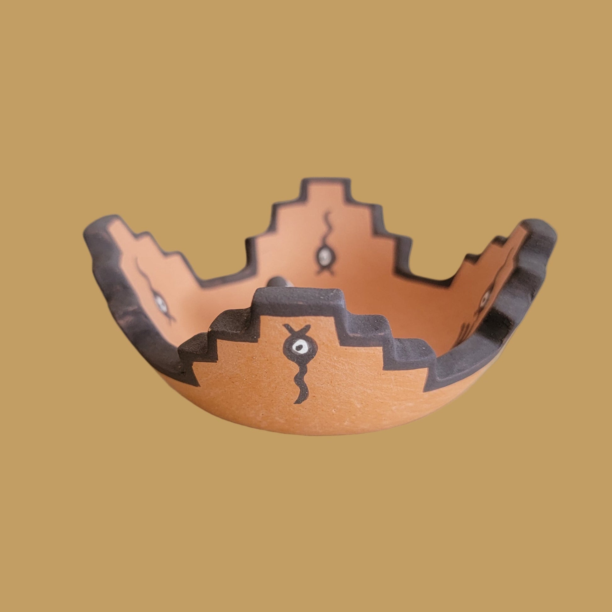 Kiva Step/Raincloud Rimmed Zuni Pueblo Pottery Bowl with Raised Gecko