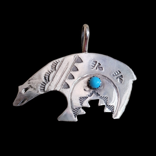 Navajo Sterling Silver Fetish Bear Pendant w/ Stampwork and Turquoise Stone Indian Jewelry