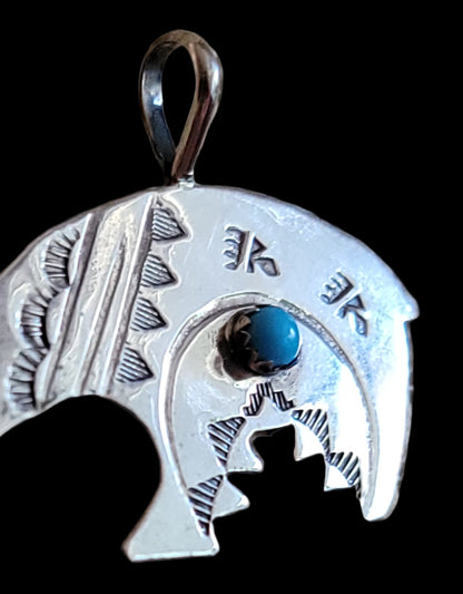 Navajo Sterling Silver Fetish Bear Pendant w/ Stampwork and Turquoise Stone Indian Jewelry