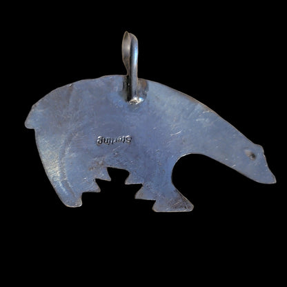 Navajo Sterling Silver Fetish Bear Pendant w/ Stampwork and Turquoise Stone Indian Jewelry