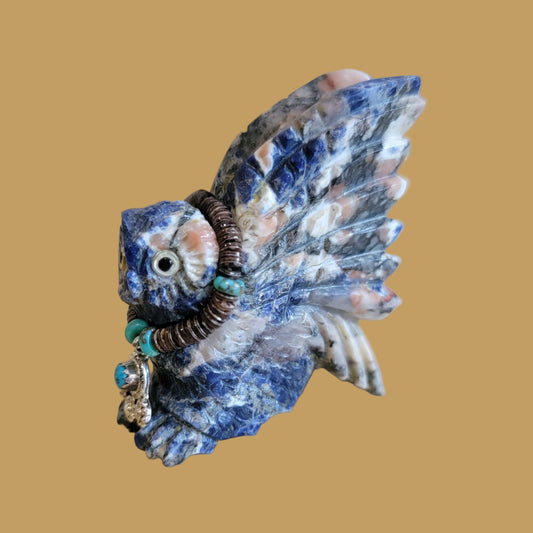 Sunset Sodalite Hoot Owl w/amazing Wings and Jewelry Zuni Fetish