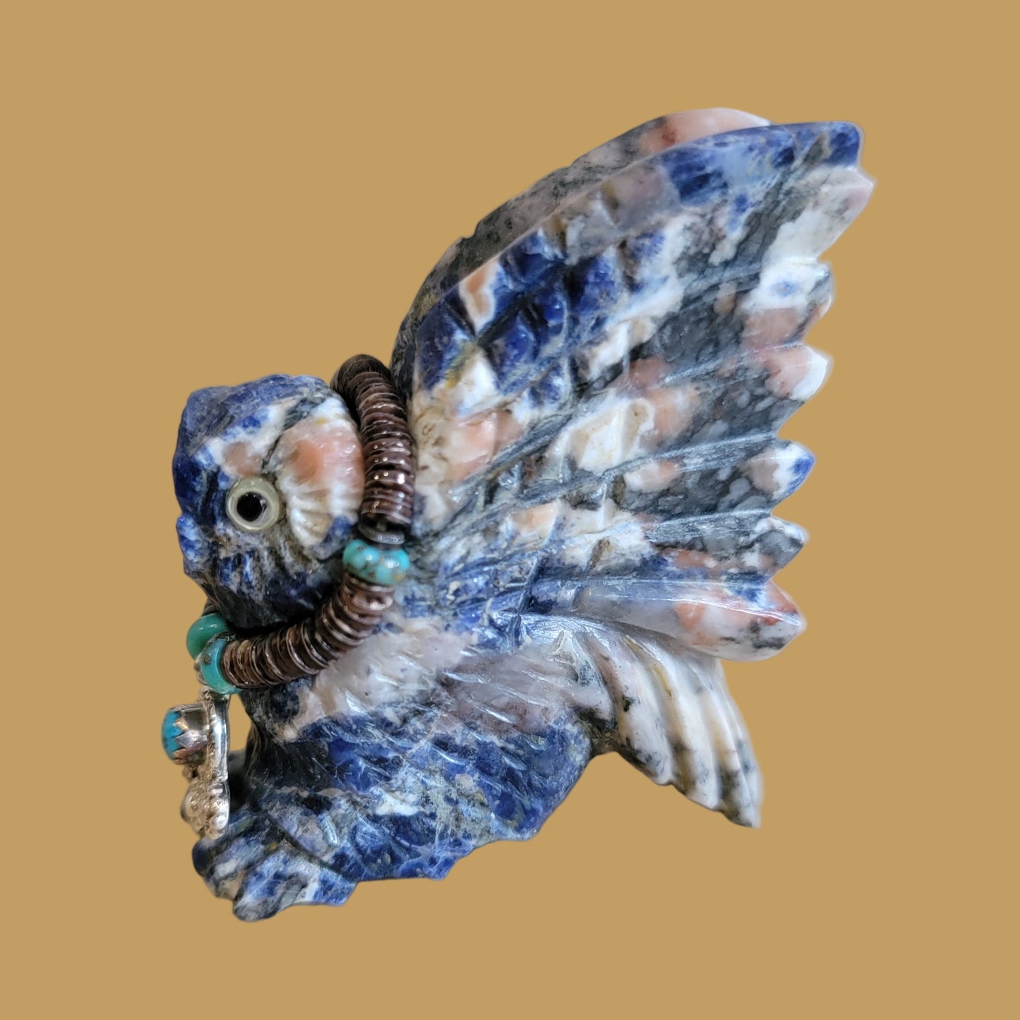 Sunset Sodalite Hoot Owl w/ Amazing Wings and Jewelry Zuni Fetish
