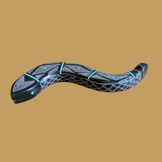 Etched and Inlaid Black Marble Snake Zuni Fetish