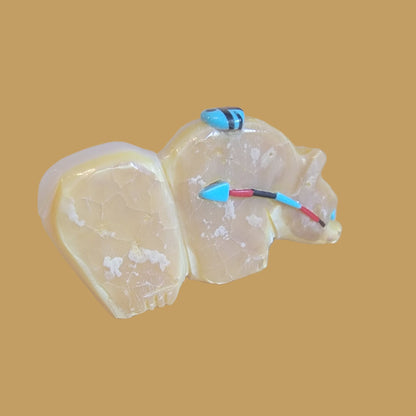 Mother of Pearl/ Gold Lip Grizzly Bear w/Heartline and Zuni Sun Zuni Fetish