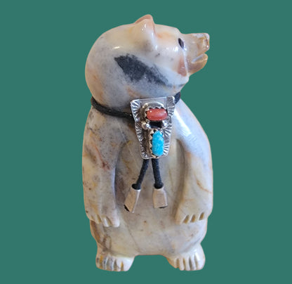 Proud Bear w/Sterling, Coral and Turquoise Bolo Tie Zuni Fetish