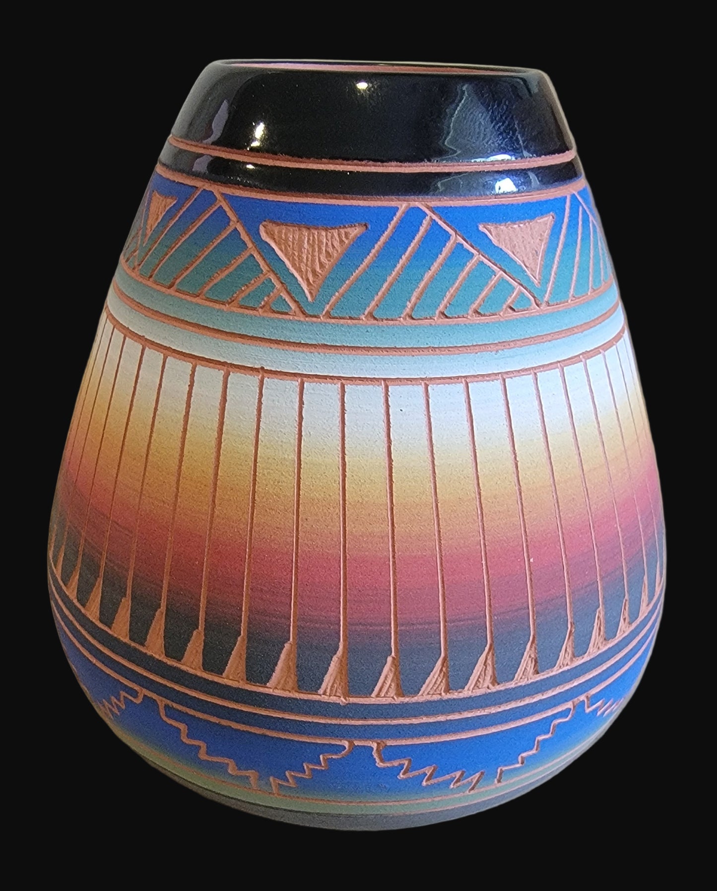 Navajo Carved Pottery Bowl w/Rain Pattern Rim Indian Pottery