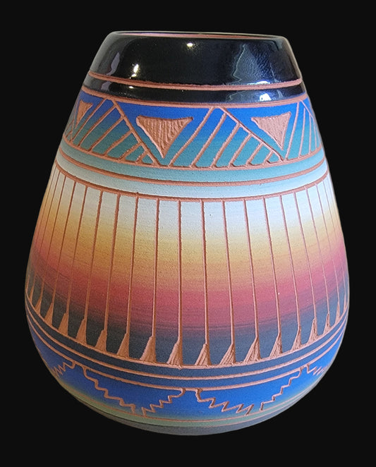 Navajo Carved Pottery Bowl w/Rain Pattern Rim Indian Pottery
