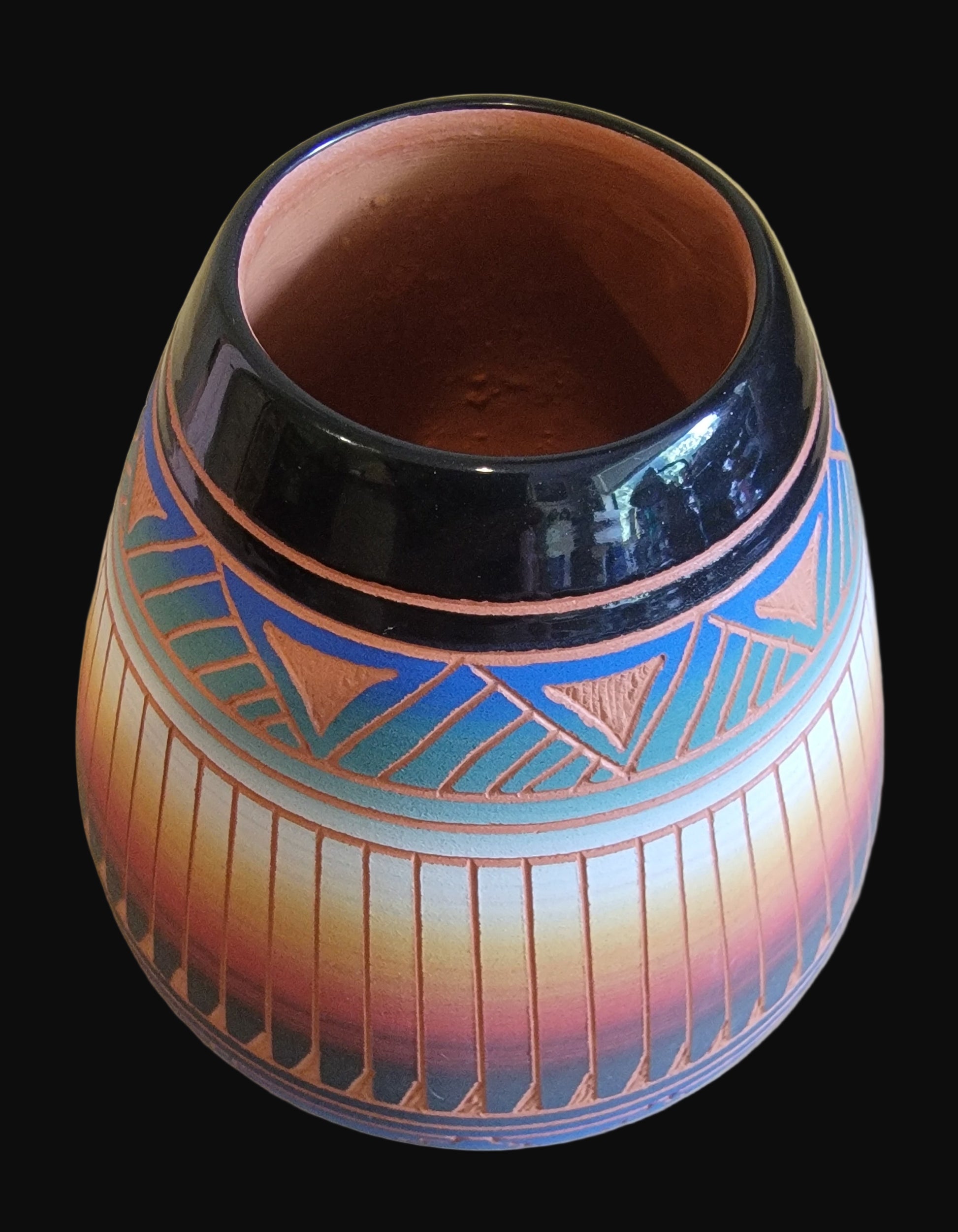 Navajo Carved Pottery Bowl w/Rain Pattern Rim Indian Pottery