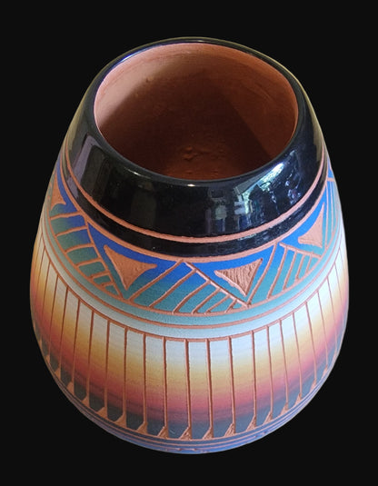 Navajo Carved Pottery Bowl w/Rain Pattern Rim Indian Pottery