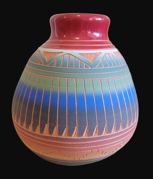 Navajo Carved Pottery w/ Rich Glazed Rim and Prayer Feathers Indian Pottery