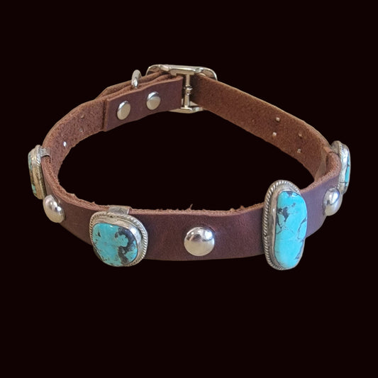 Beautiful Turquoise w/Sterling Leather Dog Collar For the "Dog Who Has Everything!" Indian Jewelry