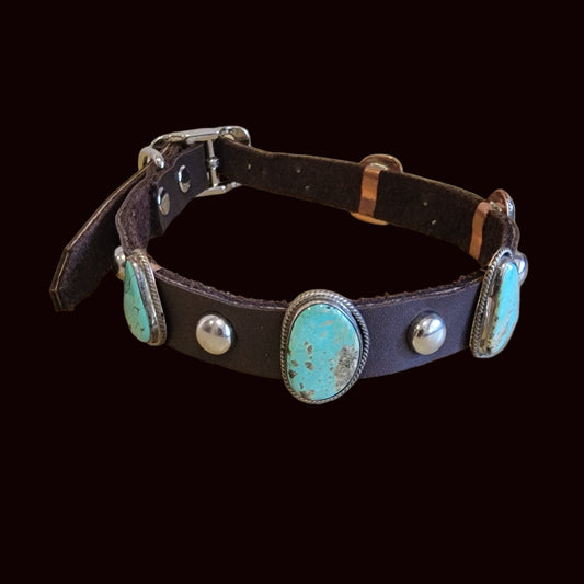 Stylish Sterling, Turquoise and Leather Dog Collar For Your Precious Furbaby / Indian Jewelry