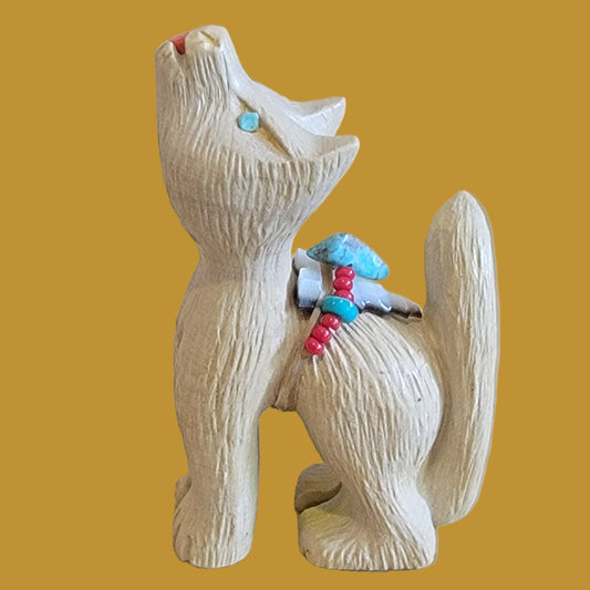 Travertine Howling Coyote w/Tongue Out and Tail Up Zuni Fetish