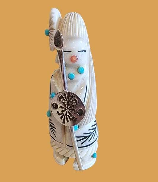 Antler Zuni Warrior Maiden w/ Sterling Silver Shield and Spear Zuni Fetish