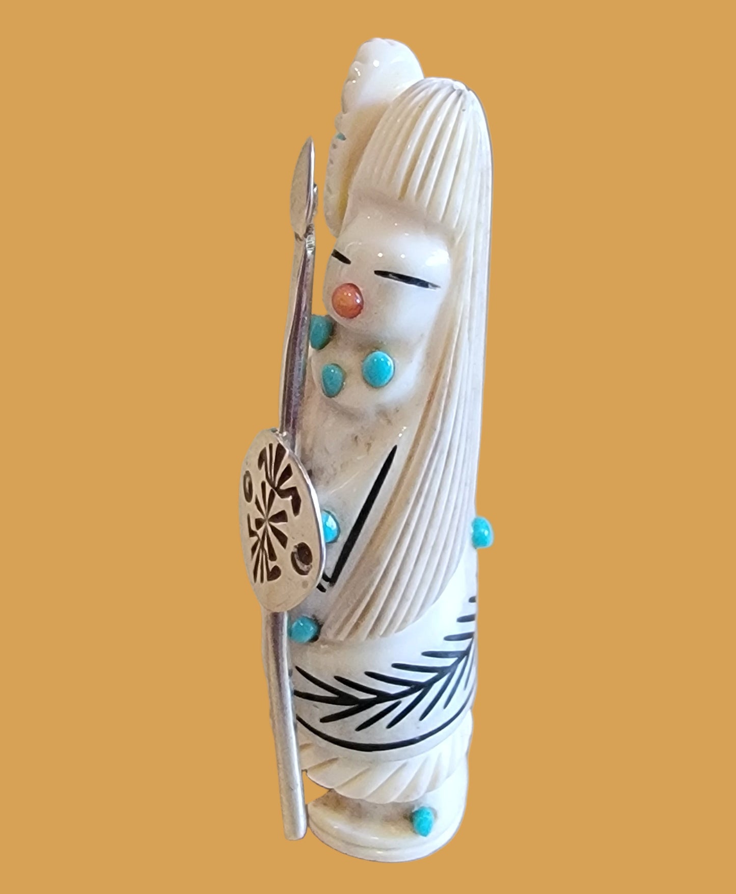 Antler Zuni Warrior Maiden w/ Sterling Silver Shield and Spear Zuni Fetish