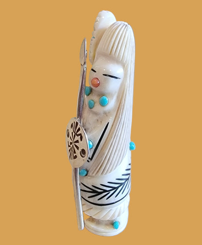 Antler Zuni Warrior Maiden w/ Sterling Silver Shield and Spear Zuni Fetish