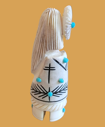 Antler Zuni Warrior Maiden w/ Sterling Silver Shield and Spear Zuni Fetish