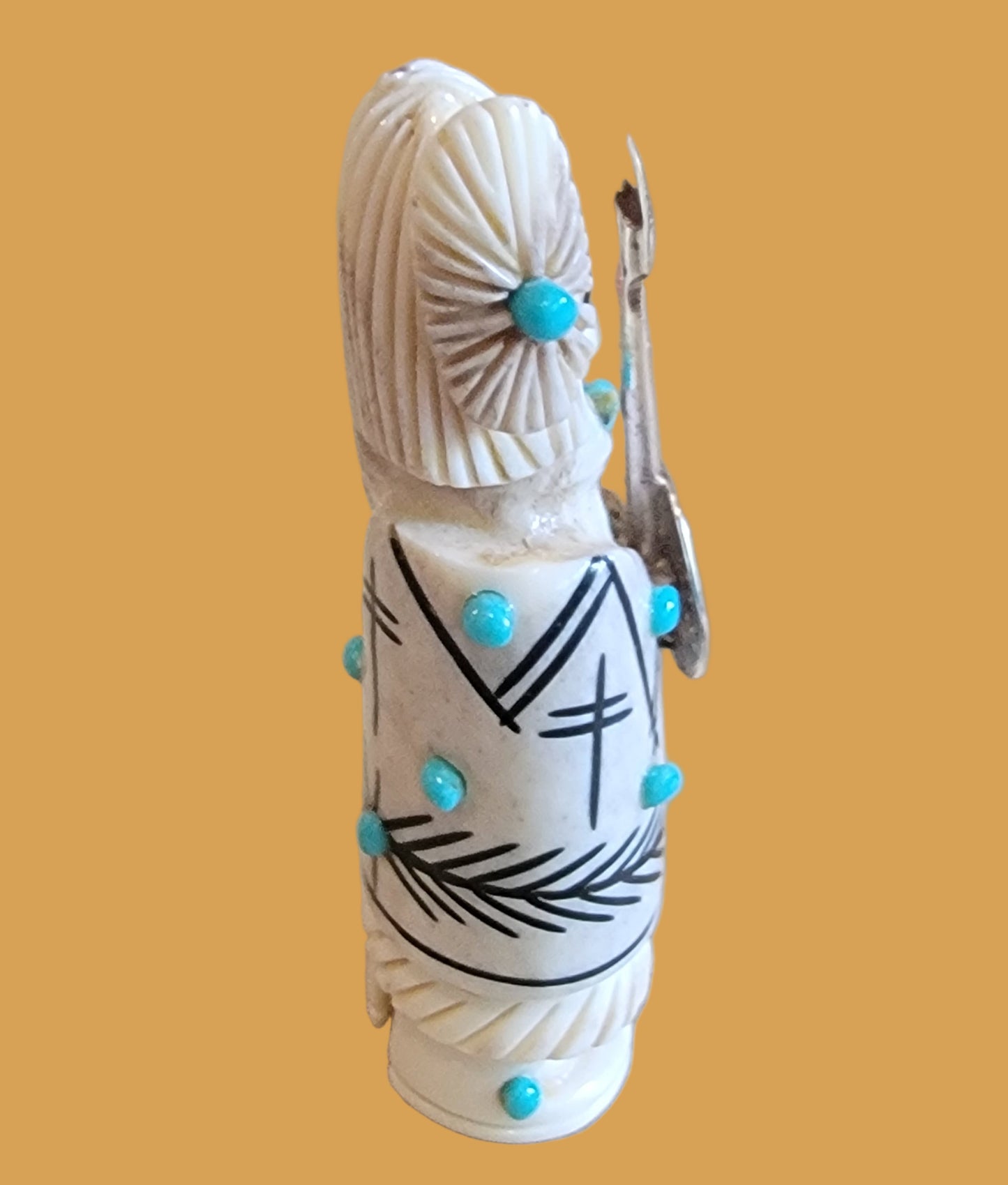 Antler Zuni Warrior Maiden w/ Sterling Silver Shield and Spear Zuni Fetish