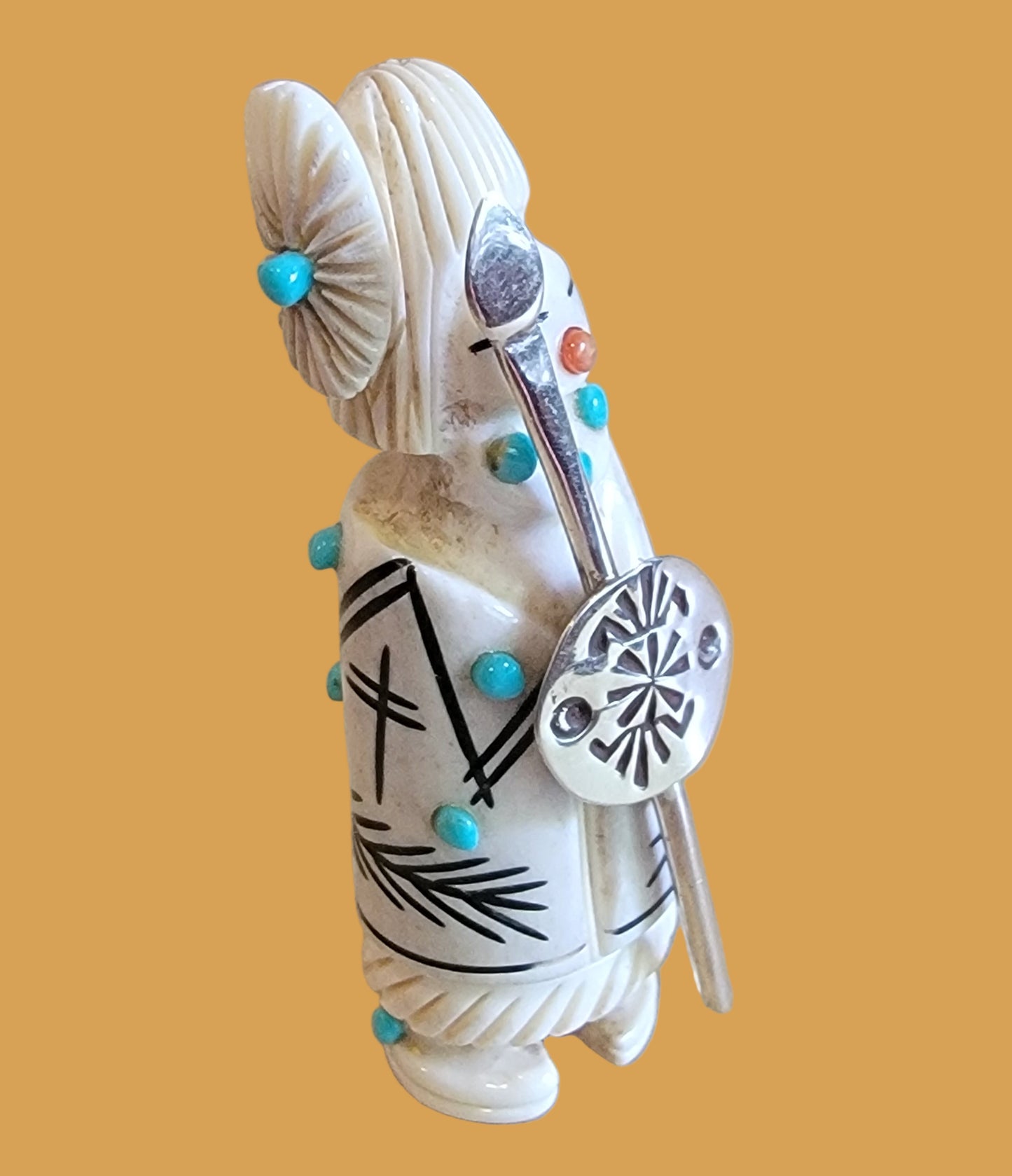 Antler Zuni Warrior Maiden w/ Sterling Silver Shield and Spear Zuni Fetish