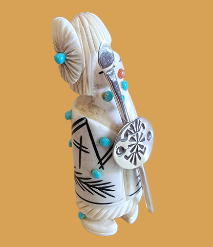 Antler Zuni Warrior Maiden w/ Sterling Silver Shield and Spear Zuni Fetish