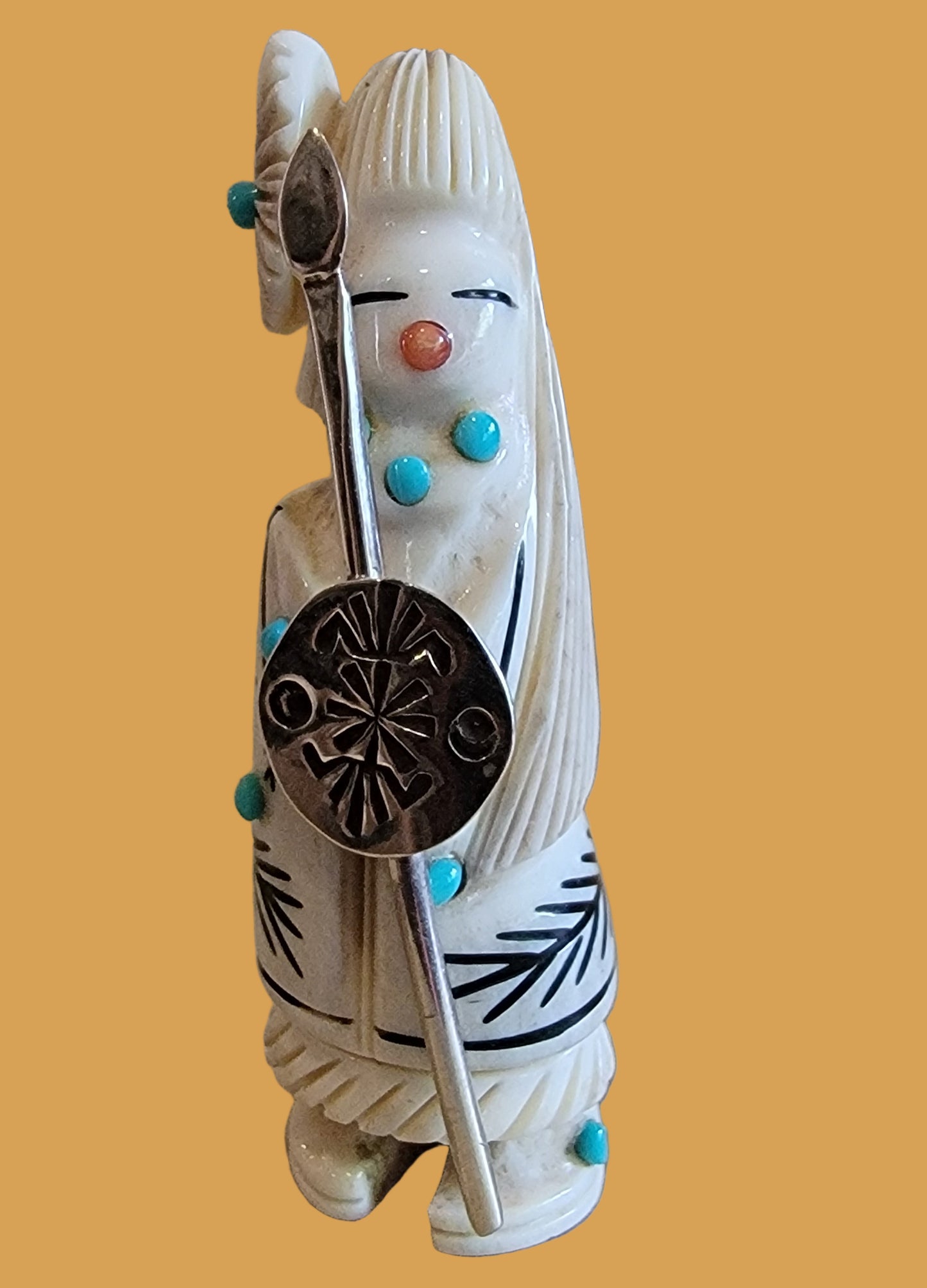 Antler Zuni Warrior Maiden w/ Sterling Silver Shield and Spear Zuni Fetish
