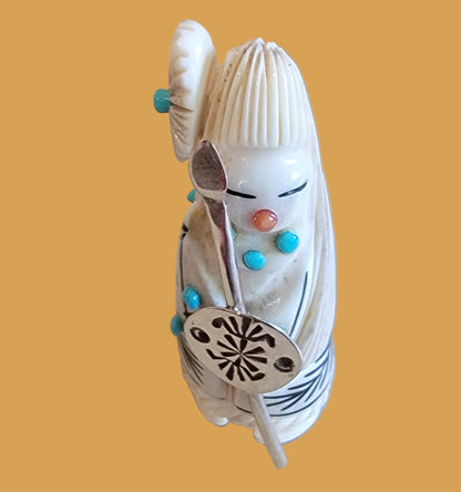 Antler Zuni Warrior Maiden w/ Sterling Silver Shield and Spear Zuni Fetish