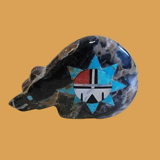 Egyptian Marble Bear w/Fancy Zuni Sun Zuni Fetish