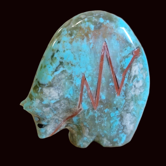 Turquoise Medicine Bear w/Coral Heartline Zuni Fetish