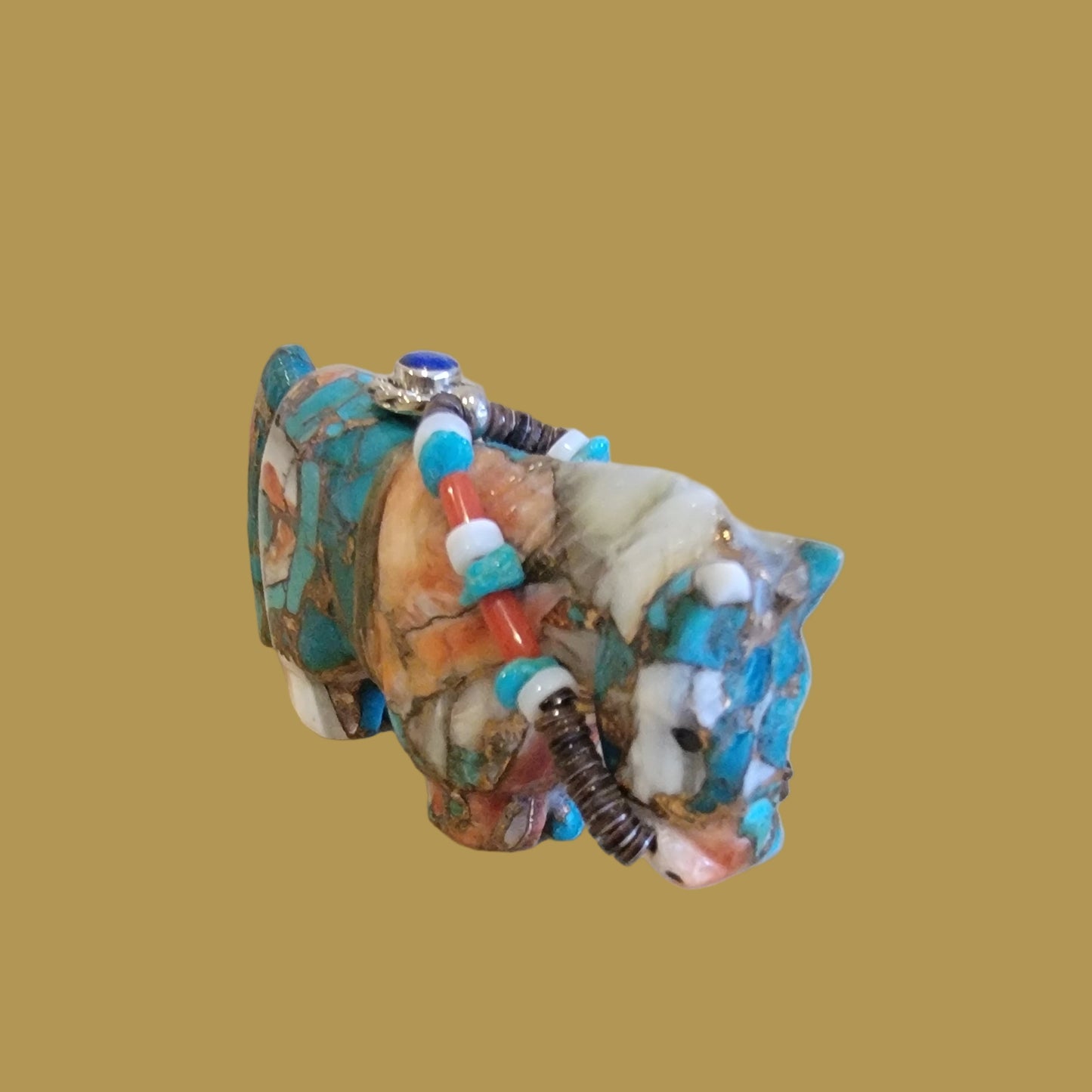 Elegant Composite Stone Horse w/ Amazing Sterling, Lapis and Heishe Bridle Zuni Fetish