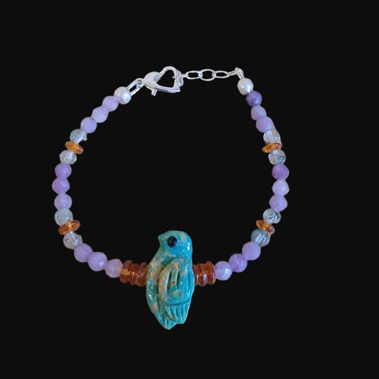 Elisa Turquoise Bird w/ Amethyst, Chlorite and Amber Zuni Bracelet Indian Jewelry