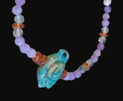 Elisa Turquoise Bird w/ Amethyst, Chlorite and Amber Zuni Bracelet Indian Jewelry