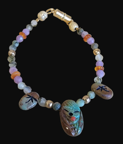 Campo Frio Turquoise Zuni Maiden/ Dragonfly and Stars Bracelet w/Prehnite, Amethyst and Amber Indian Jewelry