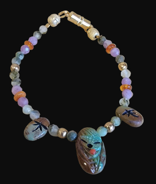 Campo Frio Turquoise Zuni Maiden/ Dragonfly and Stars Bracelet w/Prehnite, Amethyst and Amber Indian Jewelry