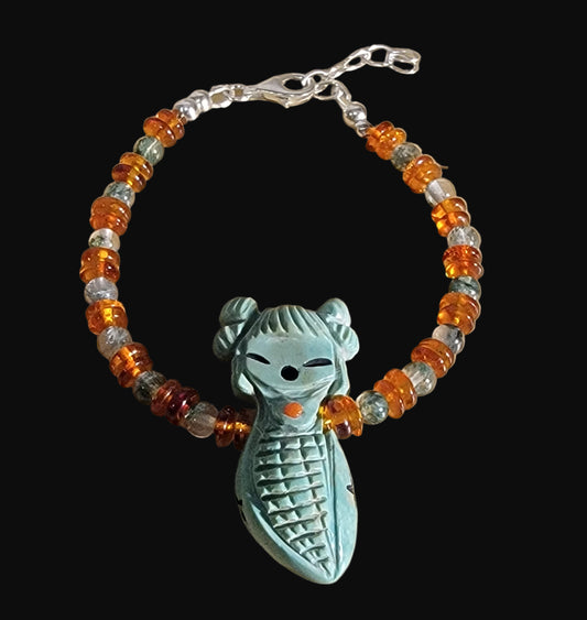Elegant Elisa Turquoise Zuni Maiden Bracelet w/Amber and Prehnite Beads Indian Jewelry