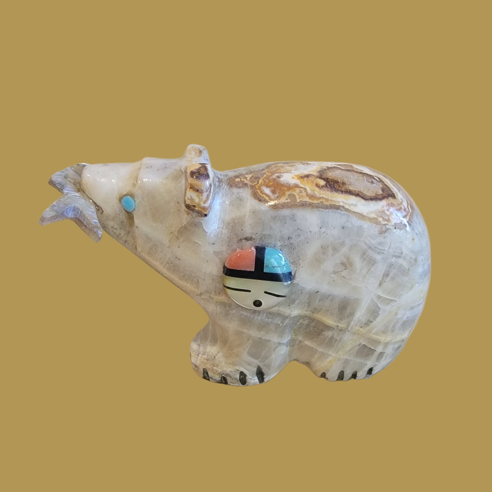 Onyx Bear w/Fish and Zuni Sun Pattern Zuni Fetish