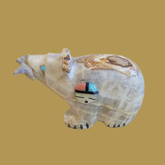 Onyx Bear w/Fish and Zuni Sun Pattern Zuni Fetish