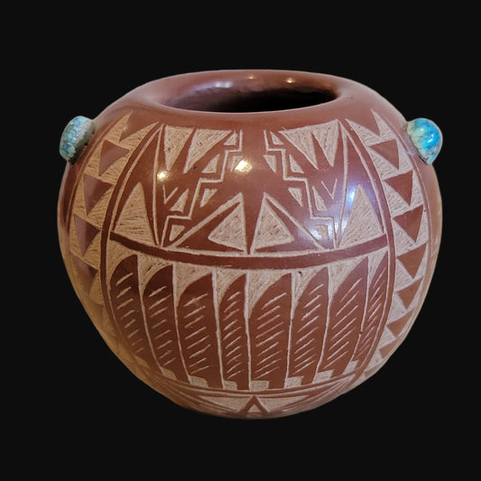 Vintage Santa Clara/Sioux Redware Pottery w/Turquoise and Coral Stones Pueblo Pottery