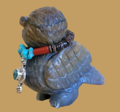 Zuni Fetish Fluorite Owl w/Sterling and Turquoise Pendant