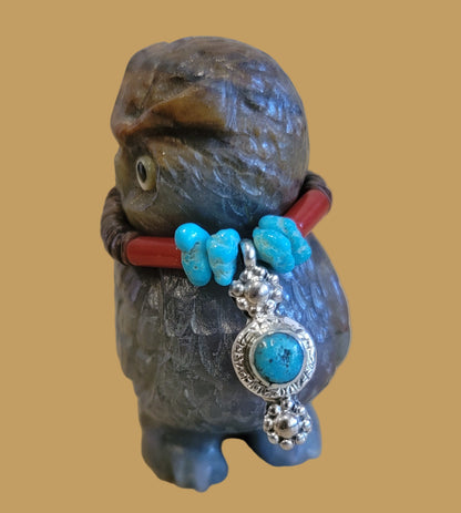 Zuni Fetish Fluorite Owl w/Sterling and Turquoise Pendant