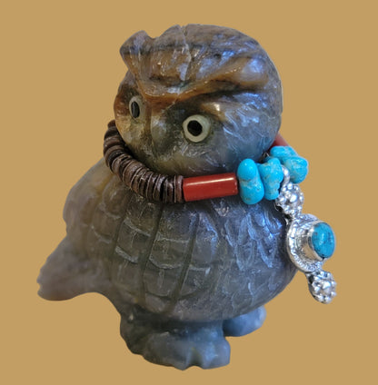 Zuni Fetish Fluorite Owl w/Sterling and Turquoise Pendant