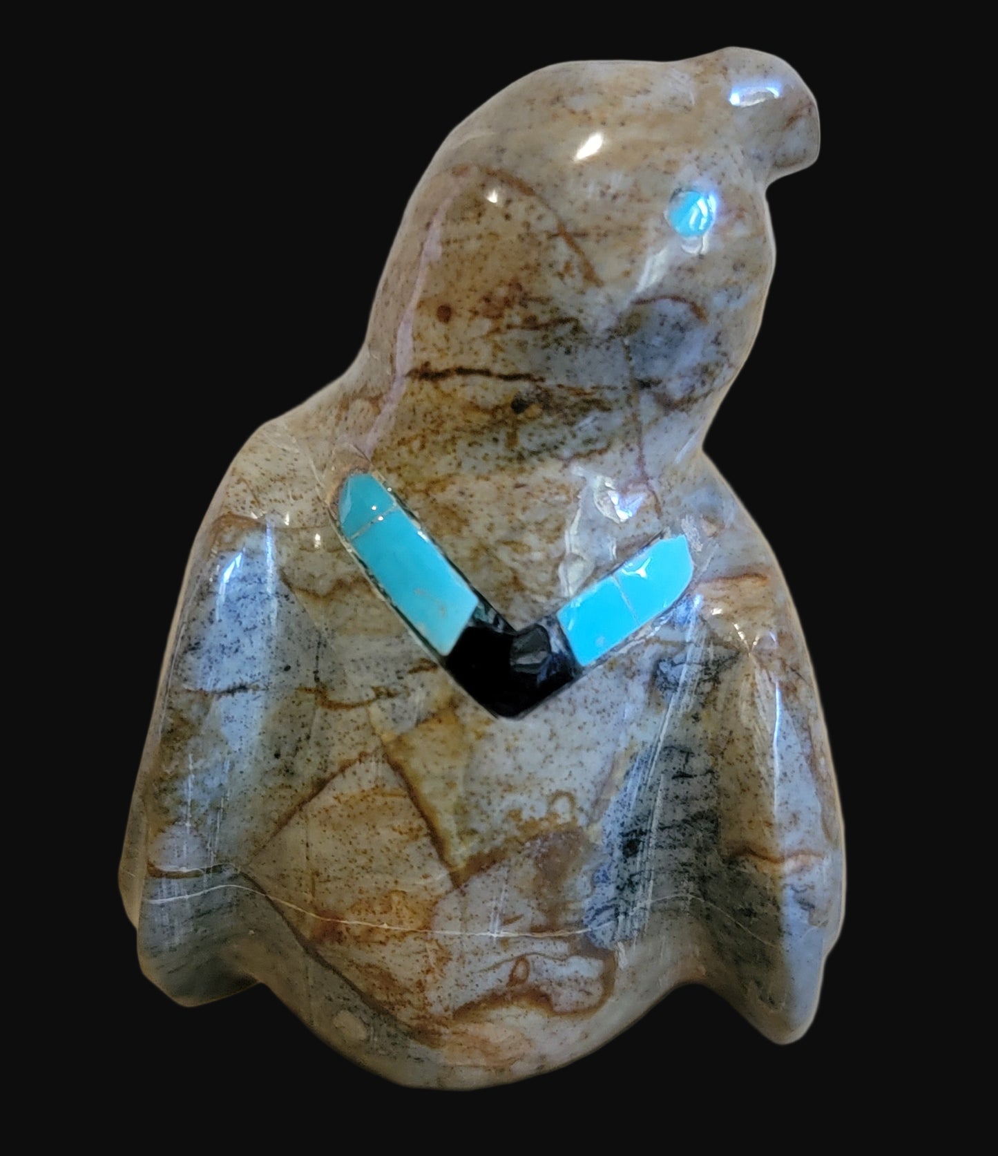 Picasso Marble Messenger Bird w/ Inlaid Necklace Zuni Fetish