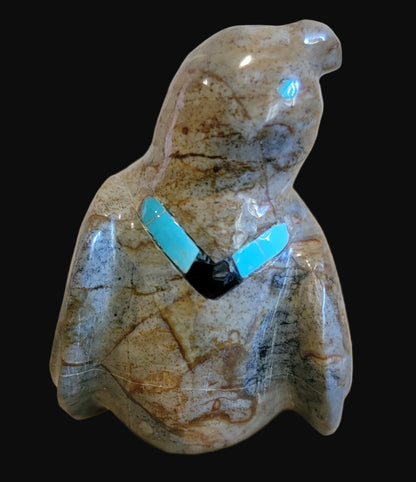 Picasso Marble Messenger Bird w/ Inlaid Necklace Zuni Fetish