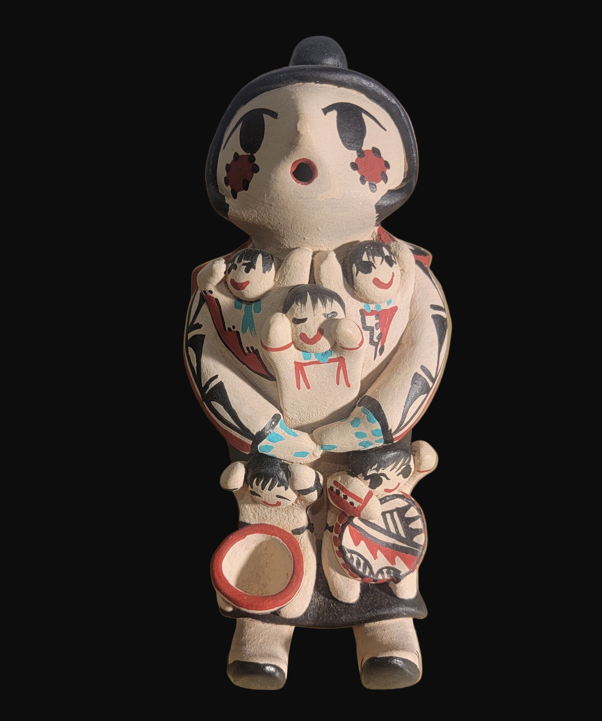 Jenez Pueblo Pottery Storyteller with 5 Children and Pottery Bowl and Dish