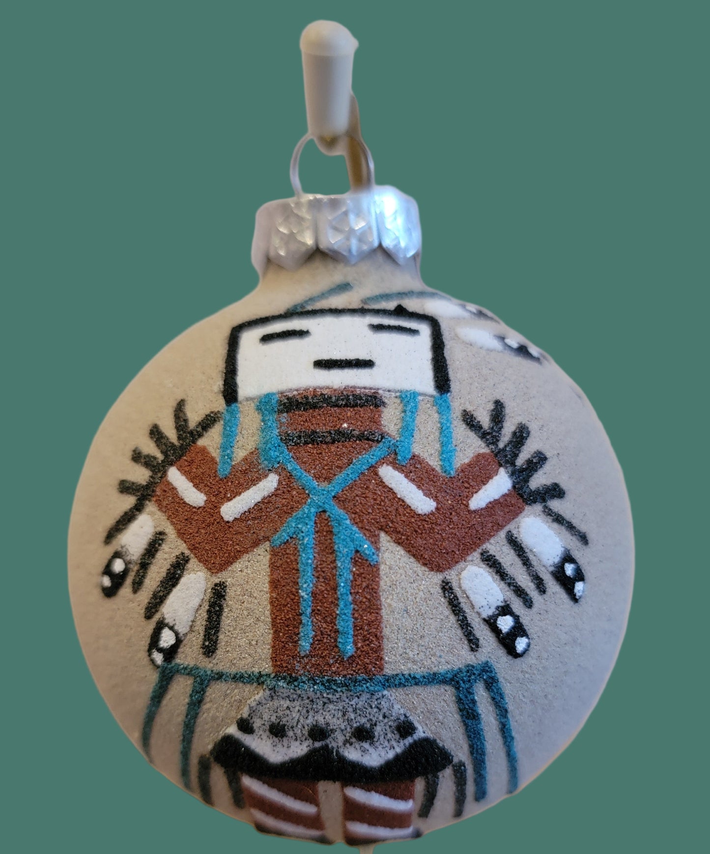 Navajo YEI Figure Sandpainted Holiday Ornament w/ Geometric Pottery Pattern on Opposite Side